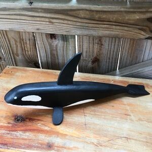 Vintage Handmade Black & White Orca Killer Whale Wooden Sculpture 15”L